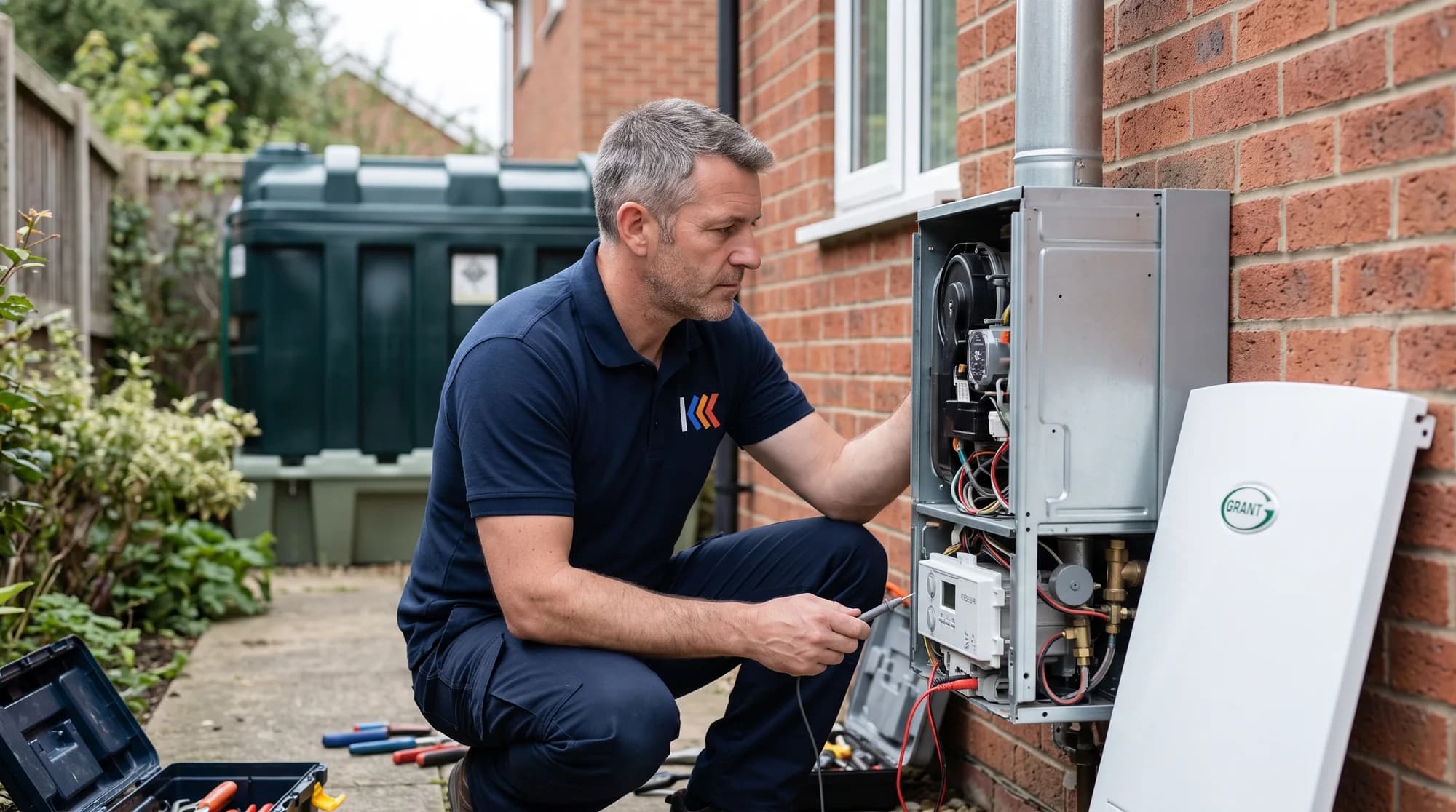 Keystone engineer servicing an external oil-fired boiler beside a domestic oil tank