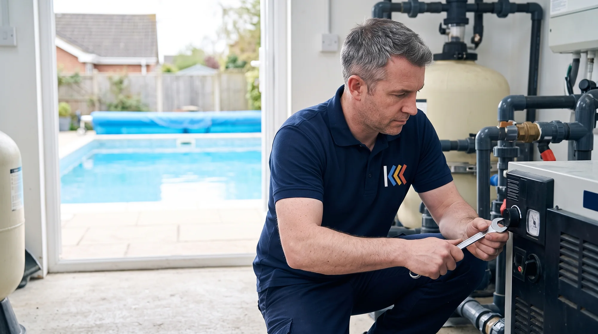 Keystone engineer servicing an oil-fired pool heater in a garden pool plant room