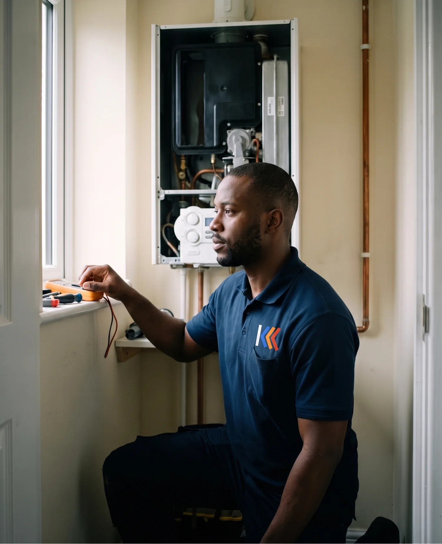 Keystone engineer testing an open wall-hung gas boiler with a multimeter