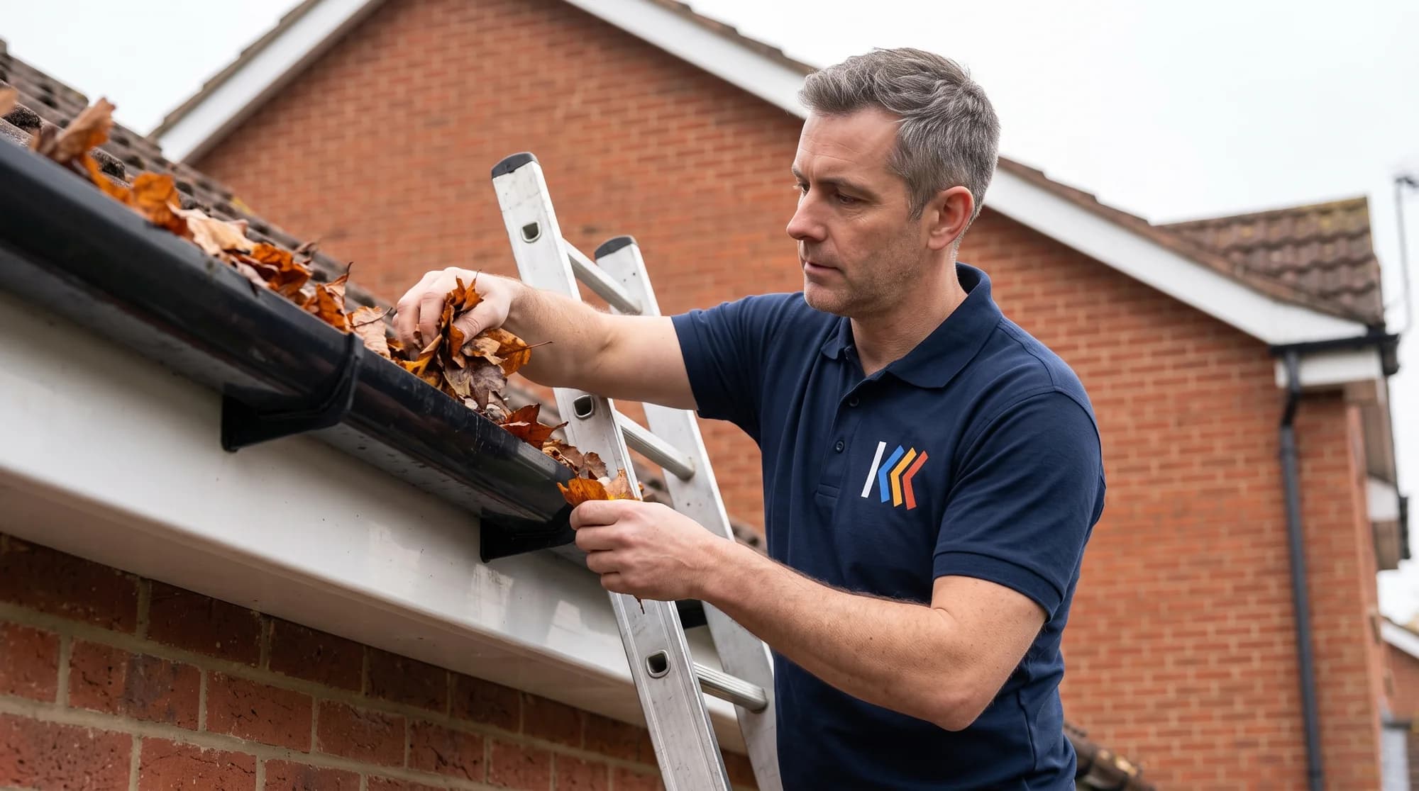 Keystone engineer clearing leaves from guttering at the eaves of a brick house